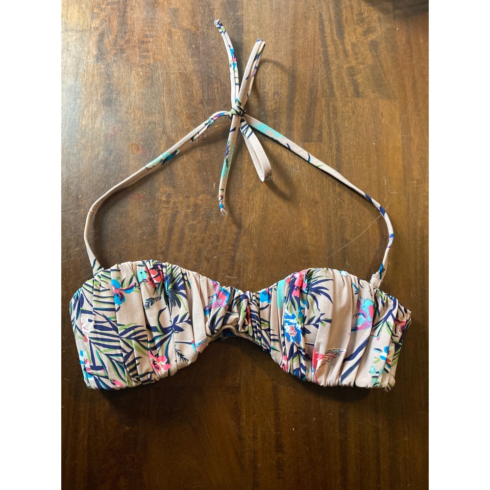HM Tropical Floral Bandeau Bikini Top Tan Pink Blue US 4 Removable Halter Tie